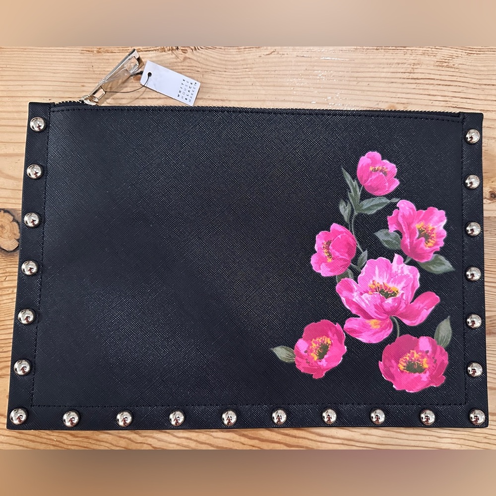 White House Black Market Black Clutch with Pink Floral Design
